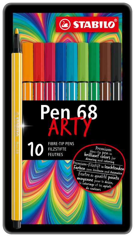 STABILO Pen 68 Fibre Tip Pen - ARTY -Assorted Colours (Tin of 10)